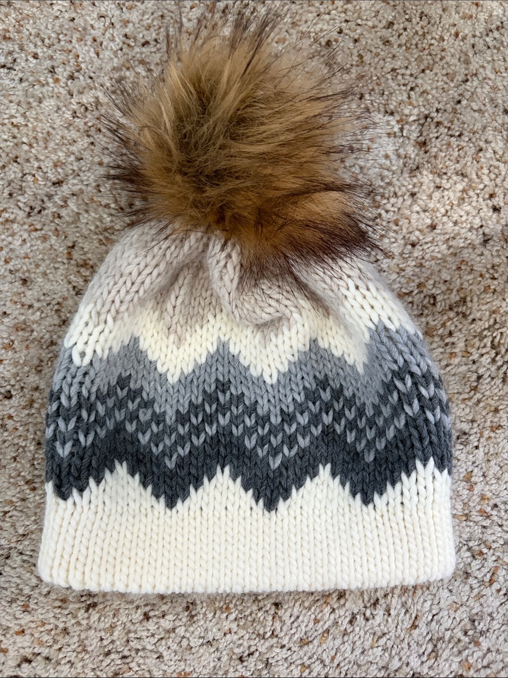 Chevron Knit Pom Beanie in Cream and Gray - Women's Winter Hat